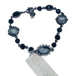 Vintage CAROLEE Black Crystal Flower Station Gunmetal Tennis Bracelet 7"